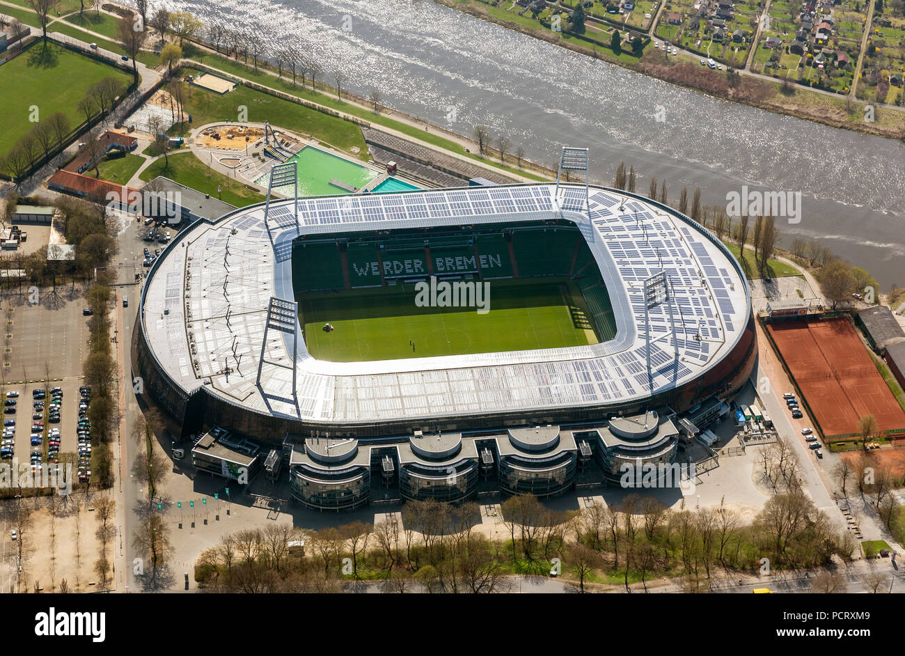 Weserstadion SV Werder Bremen GmbH & Co. KGaA, Bundesliga, football club, solar roof, stadium football stadium on the Weser, aerial view, aerial photographs of Bremen Stock Photo