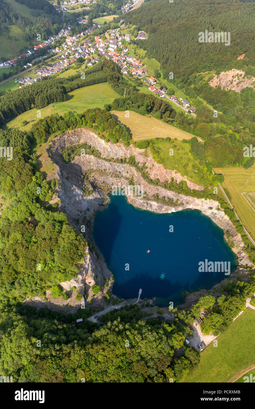 Quarry, blue mountain lake near Messinghausen, diving lake, diving paradise, aerial view of Brilon Stock Photo