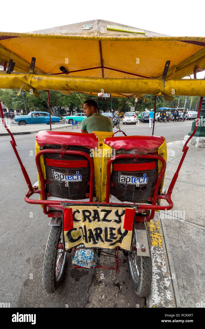 Rickshaw, rickshaw driver Crazy Charley, La Habana, Havana, La Habana, Cuba, Cuba Stock Photo