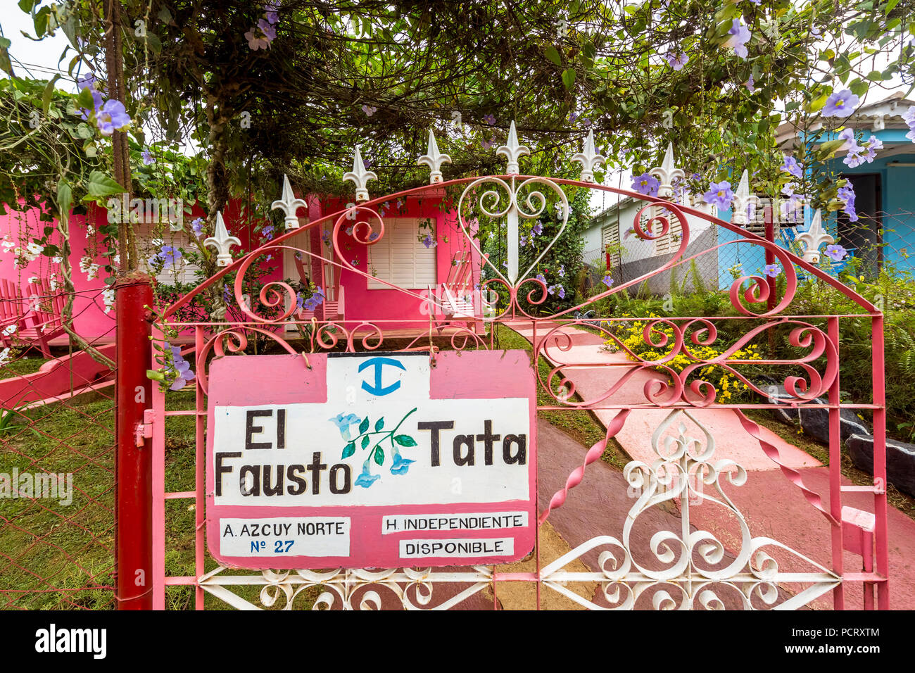Pink house with stairs, casa particular, private habitation in Cuba, El Fausto Tata, Viñales, Cuba, Pinar del Río, Cuba, travel, island, Greater Antilles, Stock Photo