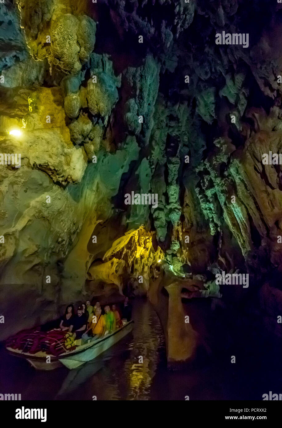 Tourists in a boat on the underground rivers in the caves of the Indians, Cueva del Indio, underground caves with a watercourse accessible to tourists, Viñales, Cuba, Central America, Cuba, Caribbean Stock Photo