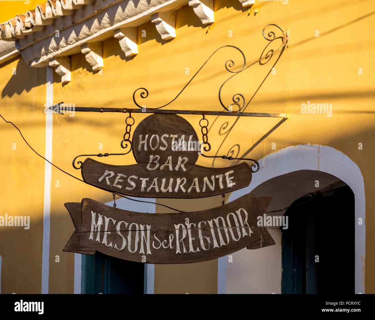 Hotel sign Hostal Bar Restaurante Meson del Regidor, Trinidad, Cuba, Sancti Spíritus, Cuba Stock Photo