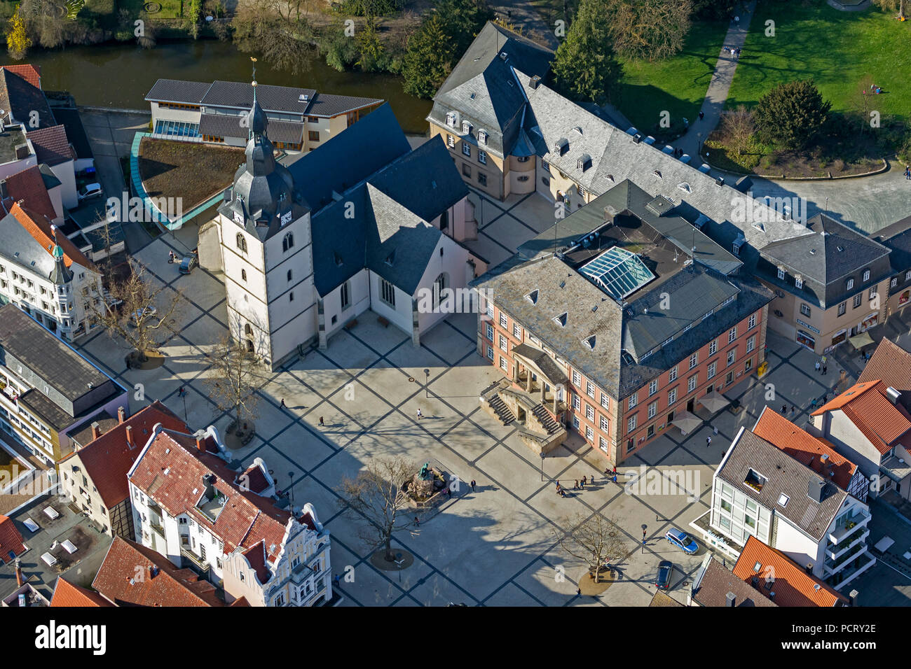 new market square with Erlöserkirche, aerial photo of Detmold Stock Photo