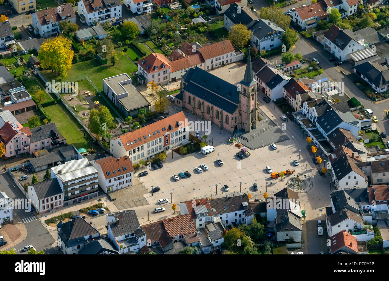 Aerial view, Sankt Maximin church, Pachten, Dillingen / Saar, Saarland, Saarland, Germany, Europe Stock Photo