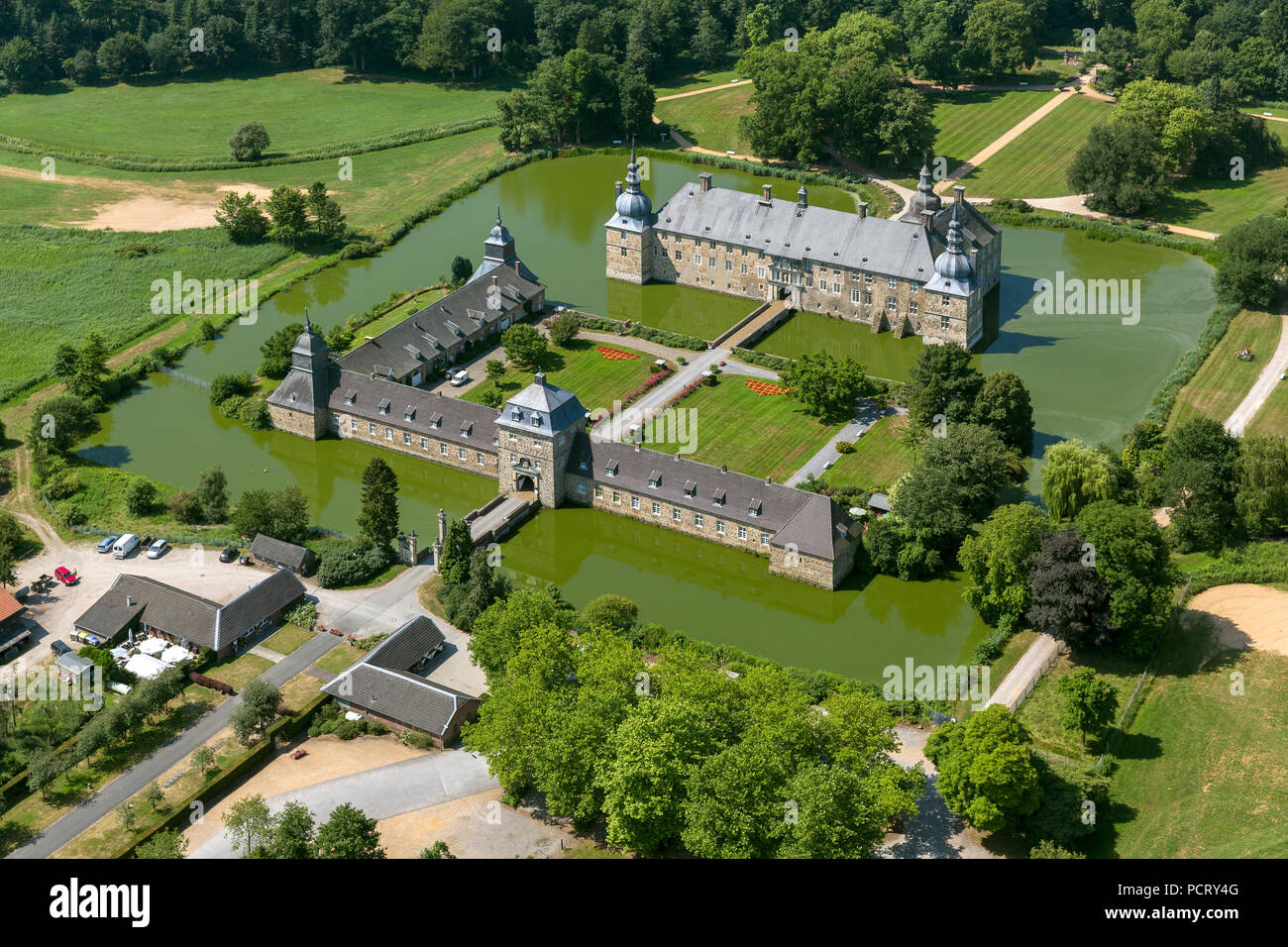 Lembeck Castle, moated castle Lembeck, 1674-1692 built by Dietrich Conrad Adolf von Westerholt-Lembeck, Lembeck, aerial view of Dorsten Stock Photo