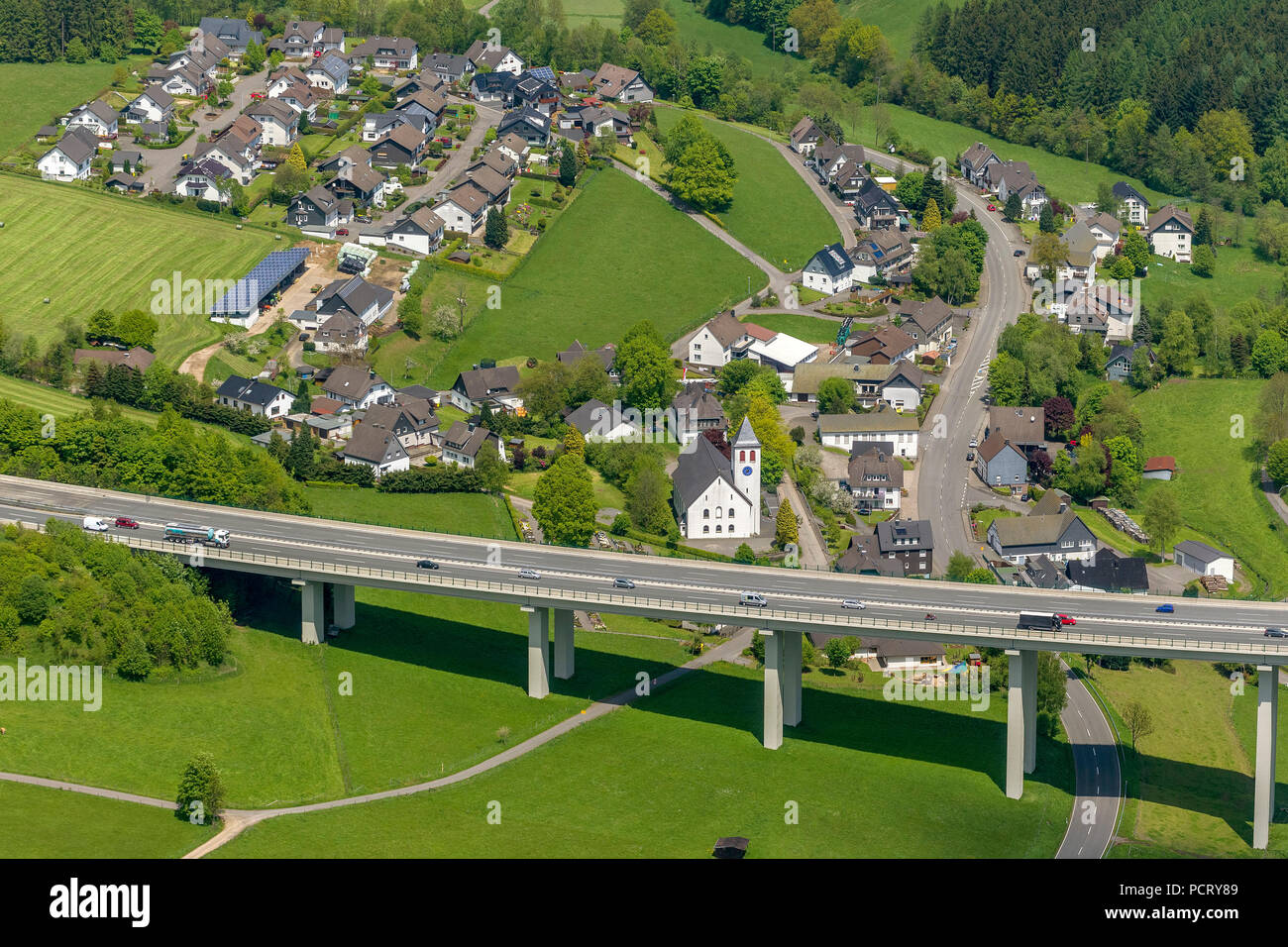 Bleche bridge on A45 Autobahn (motorway), Sauerlandlinie, aerial view of Drolshagen Stock Photo