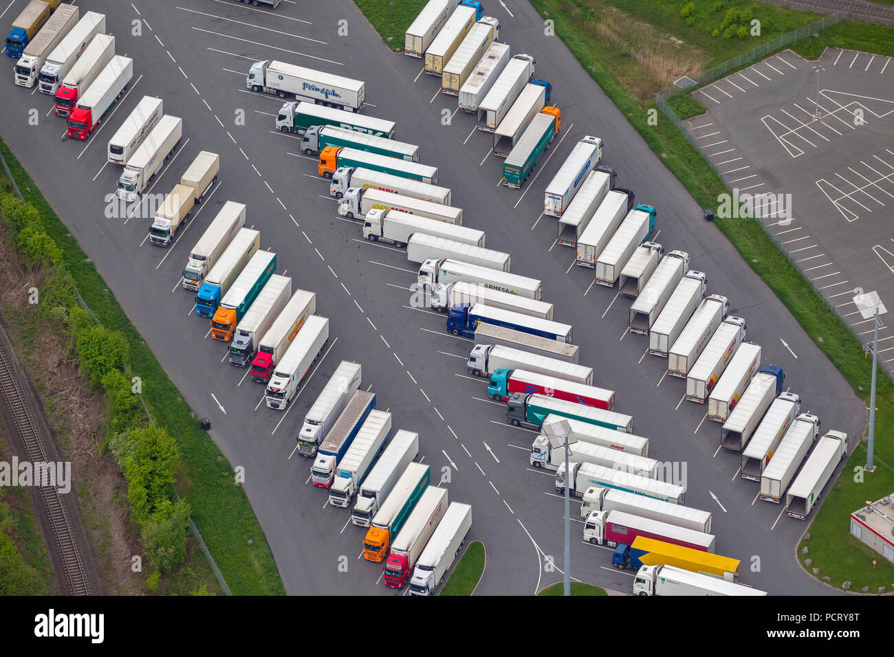 Truck terminal, Kaufland logistics centre, just-in-time delivery of goods, aerial view of Dortmund-Derne Stock Photo