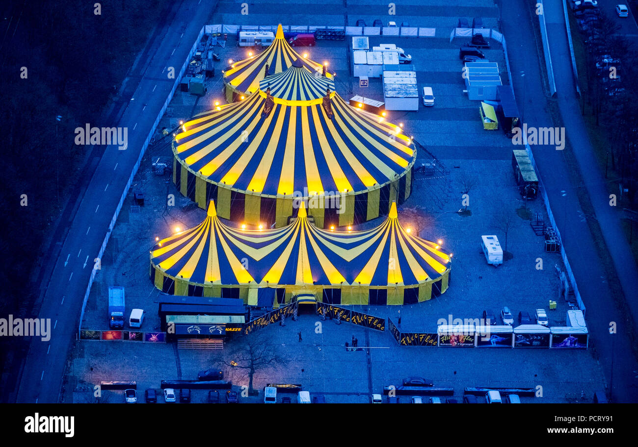 Circus tent, Christmas circus in coal-mining area, 'Beautiful Firetage' Show, car park E behind Westfalenhalle venue before Christmas program opening night, aerial view of Dortmund, Ruhr area Stock Photo