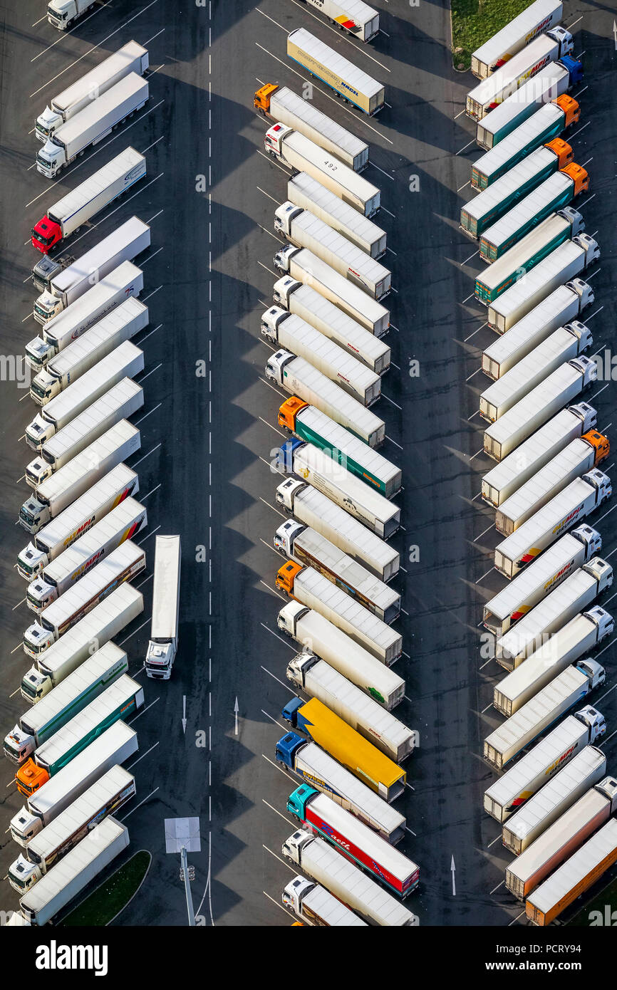 Truck terminal in front of Kaufland logistics centre near Schulte-Rödding, aerial view of Dortmund, Ruhr area, North Rhine-Westphalia Stock Photo