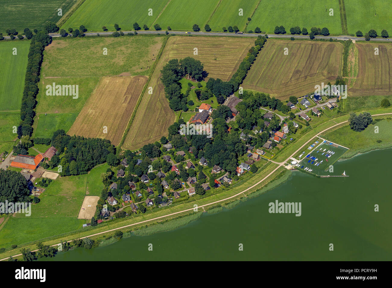 Aerial photo, Lake Dümmer, North German Plain, Hunte River, Lembruch, Lower Saxony, Germany, Europe Stock Photo