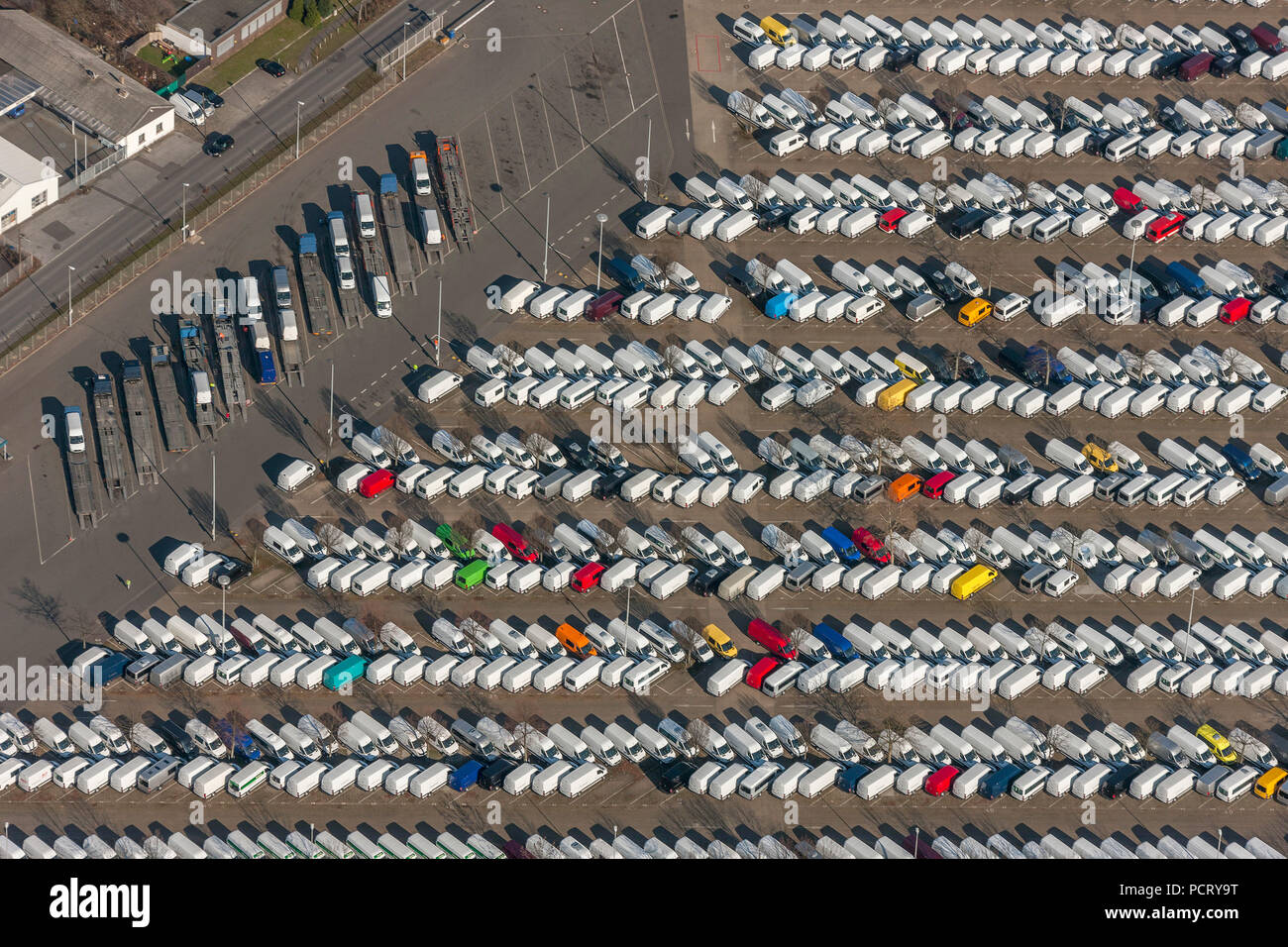 Aerial photo, Düsseldorf Sprinter production, new Sprinters, terminal, Dusseldorf, Rhineland, North Rhine-Westphalia, Germany, Europe Stock Photo