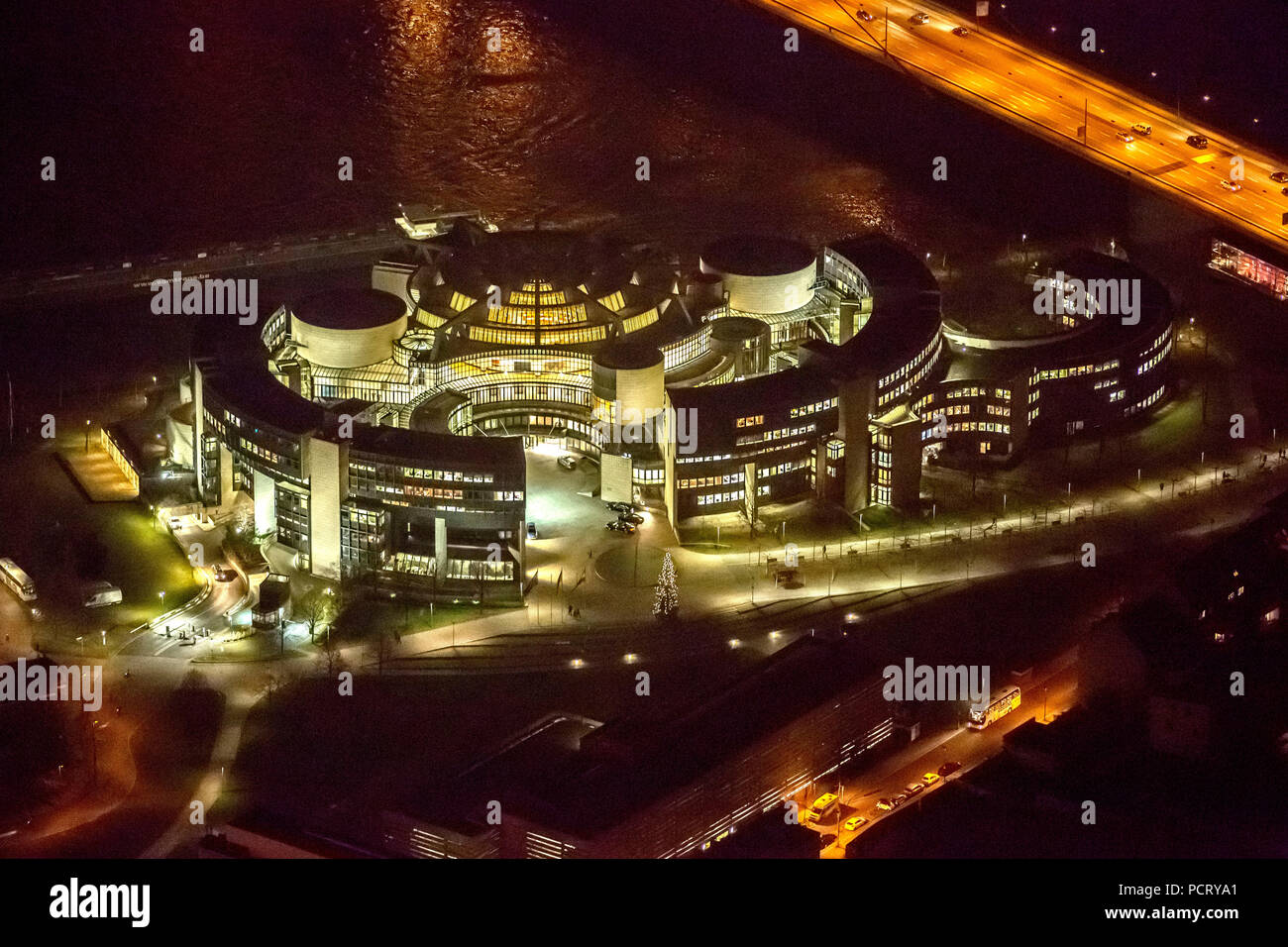 Aerial photo, State Parliament, Night Shot, Düsseldorf, Rhineland, North Rhine-Westphalia, Germany, Europe Stock Photo