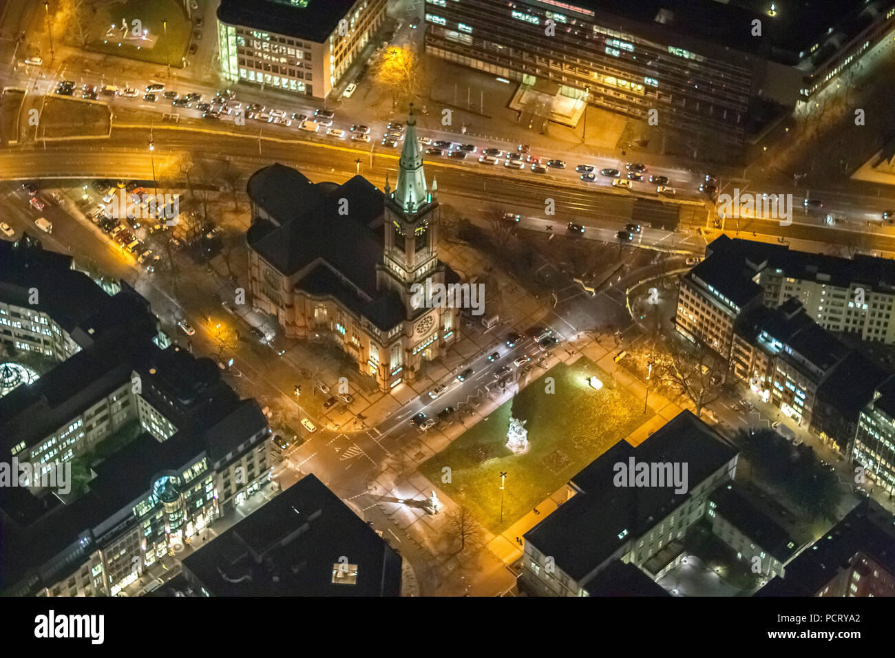 Aerial photo, Curch of Saint John on Martin Luther Square, night shot, Dusseldorf, Rhineland, North Rhine-Westphalia, Germany, Europe Stock Photo