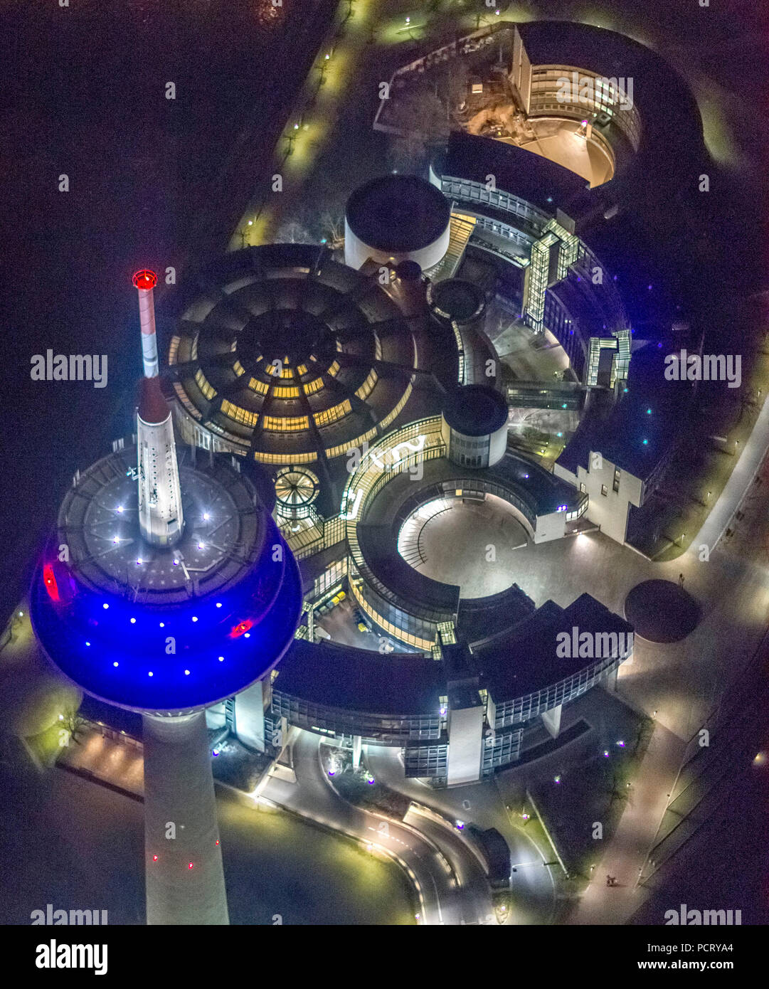 Aerial photo, glowing TV tower with state parliament, Dusseldorf, Rhineland, North Rhine-Westphalia, Germany, Europe Stock Photo