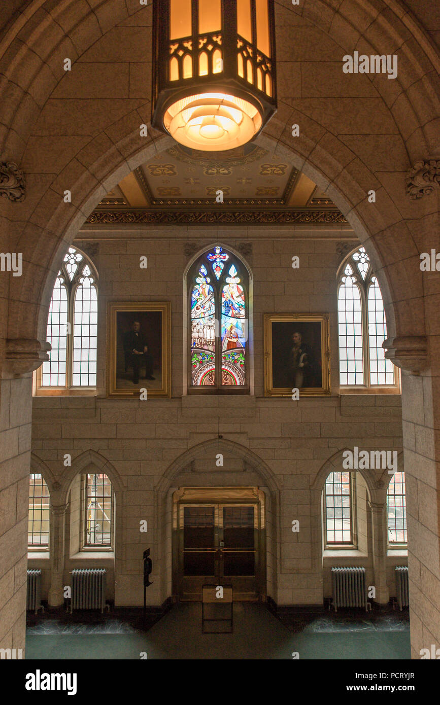 Ottawa, Ontario, Canada.  Entrance to House of Commons foyer, west side of Centre Block building on Parliament Hill, vertical orientation. Stock Photo
