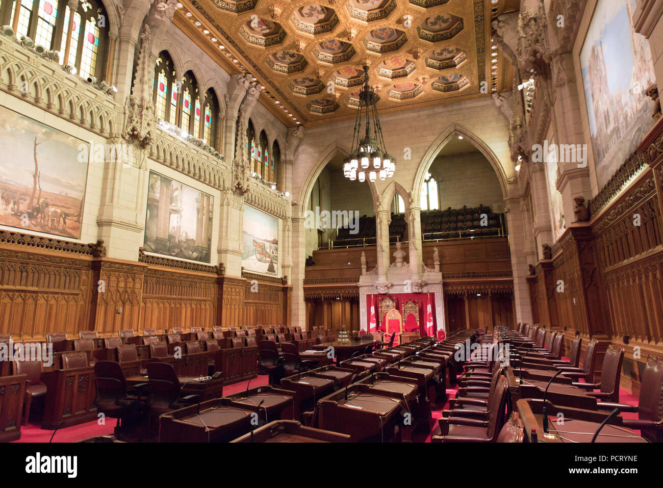 Ottawa, Ontario, Canada.  Senate Chamber in Centre Block building on Parliament Hill, home of Canada's federal government. Stock Photo