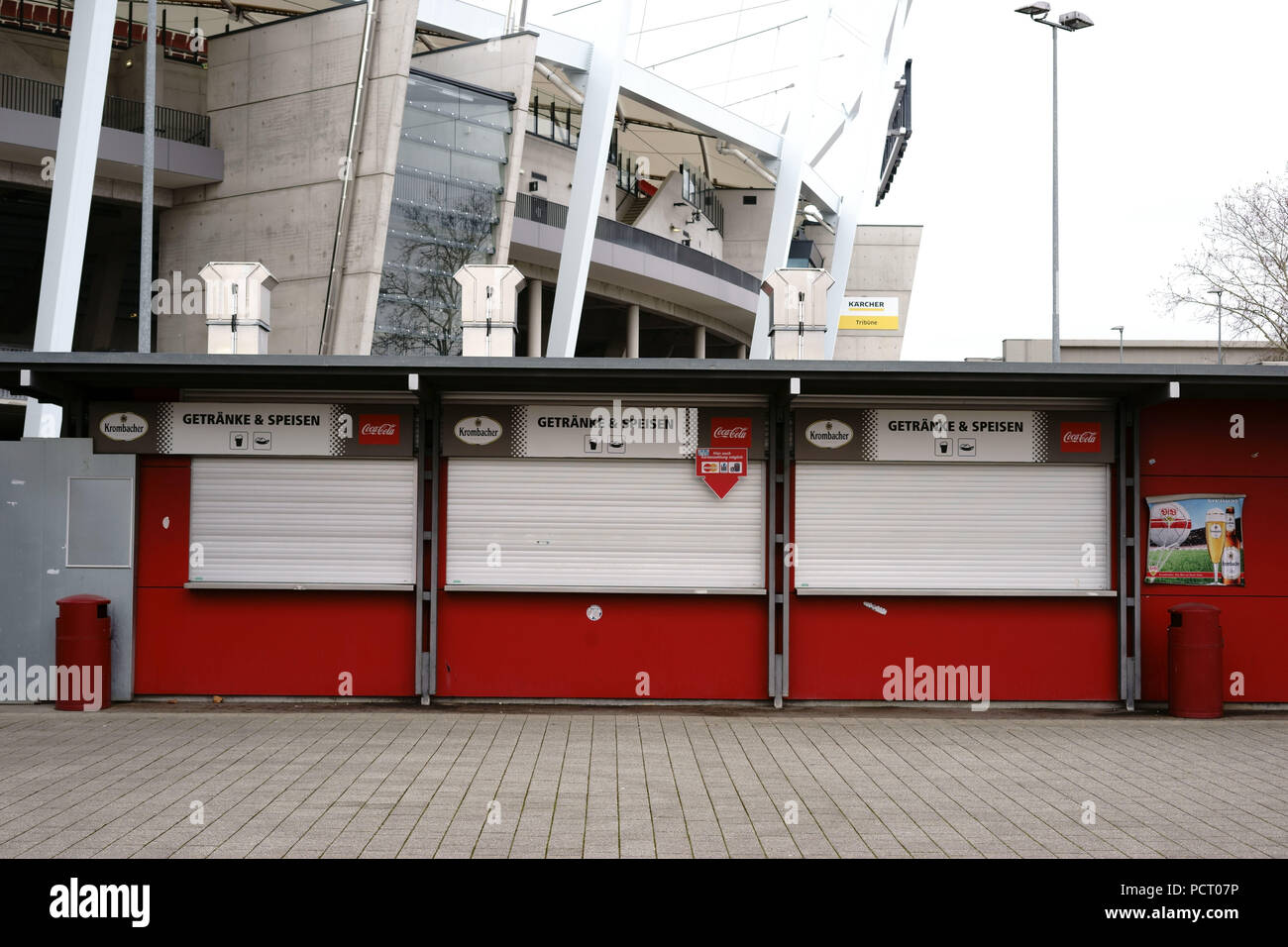 Closed food and beverage kiosks at the entrance to the Mercedes-Benz Arena Stock Photo
