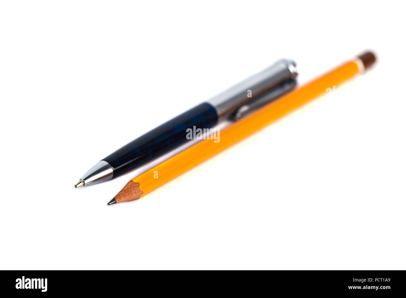 Blue ballpoint pen and pencil isolated on white background Stock Photo ...