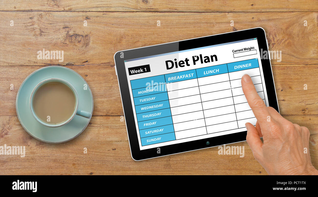 Hand with Computer Tablet completing Diet Plan App on Table with Coffee or  Tea - dieting concept Stock Photo - Alamy