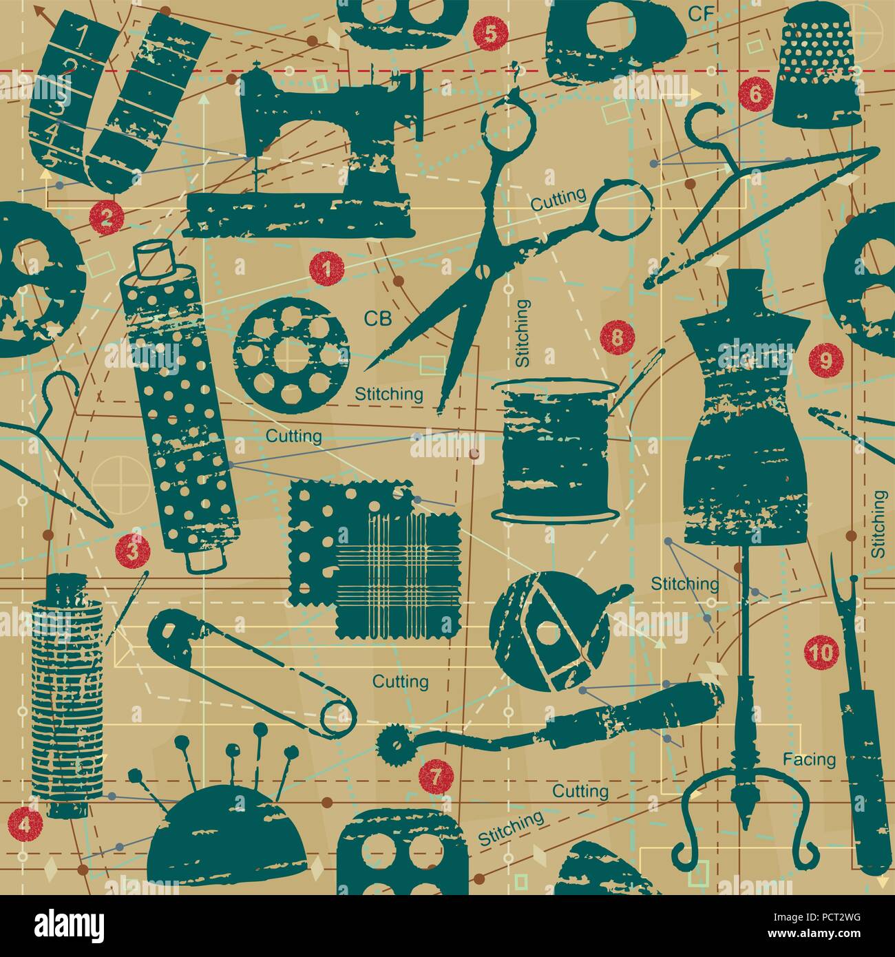 Scratched retro sewing and tailoring seamless pattern Stock Vector
