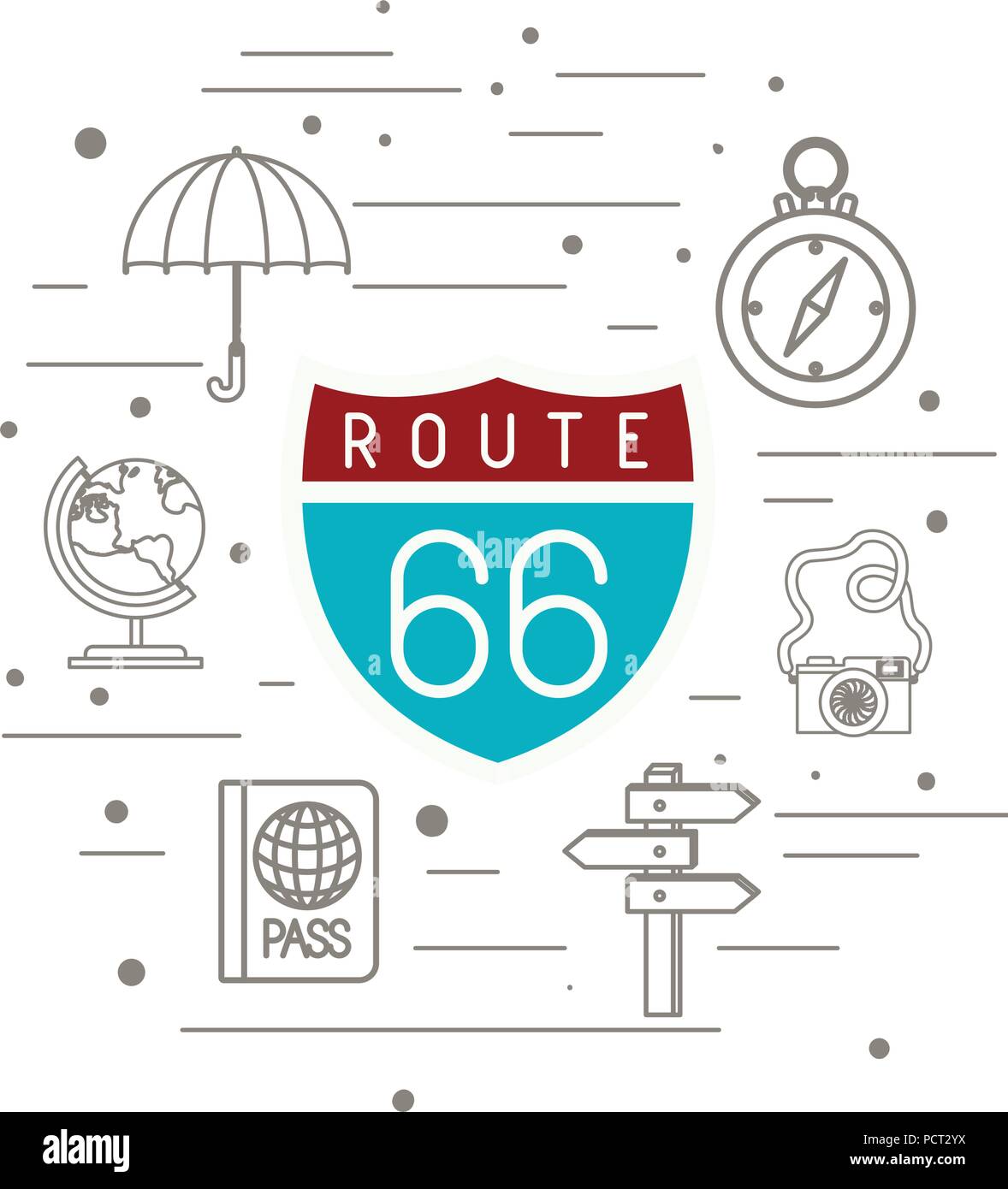 route 66 signal with travel set icons Stock Vector