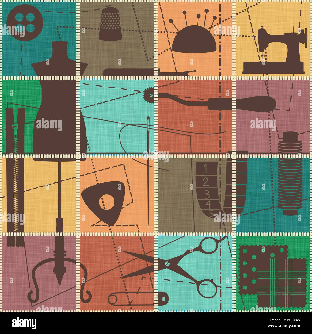 Tiled seamless pattern with sewing and tailoring symbols on canvas ...