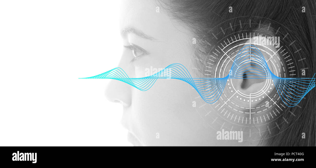 Hearing test showing ear of young woman with sound waves simulation technology - isolated on white banner - black and white Stock Photo