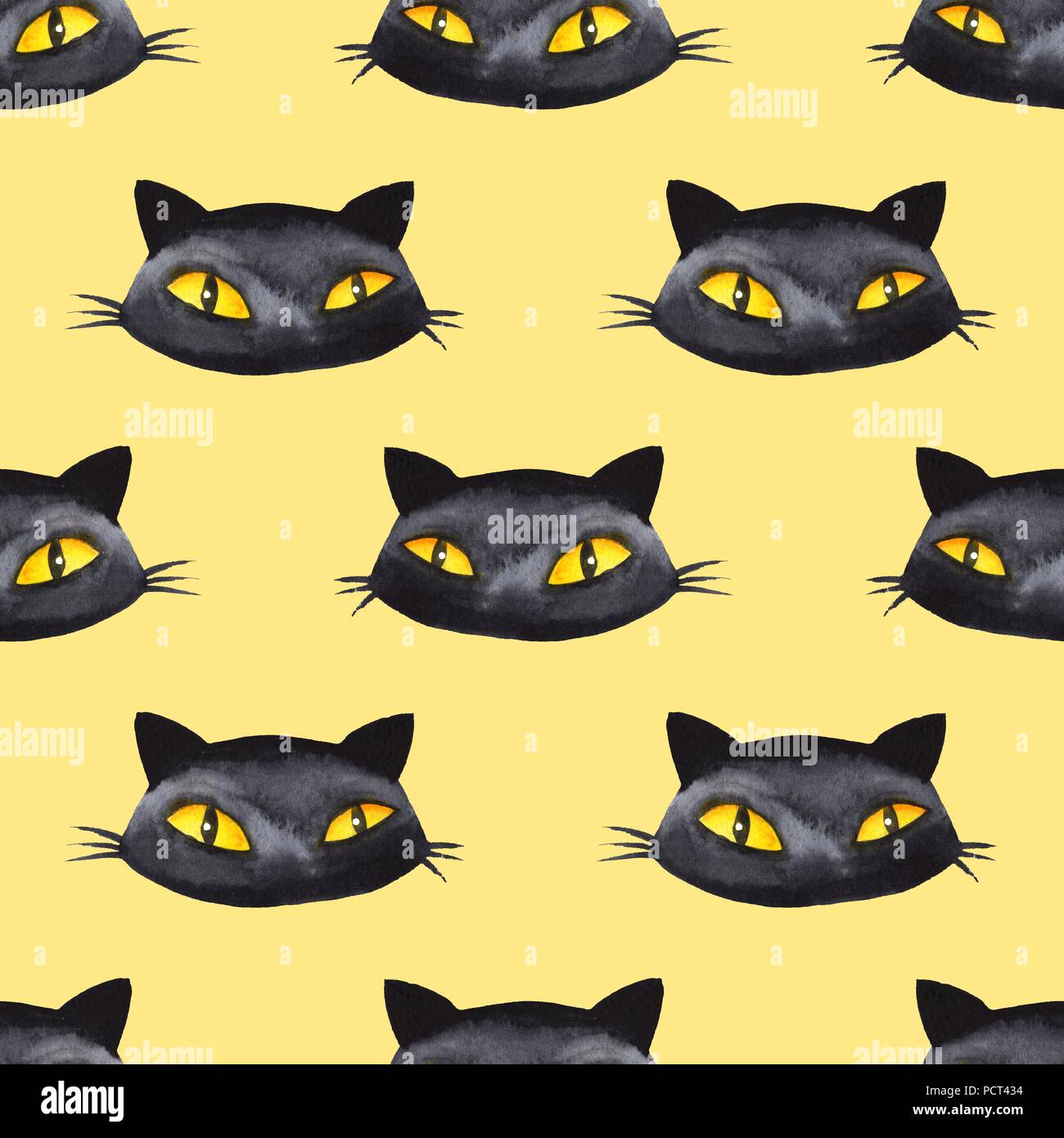 Halloween watercolor seamless pattern 2. Background with black cats Stock Photo