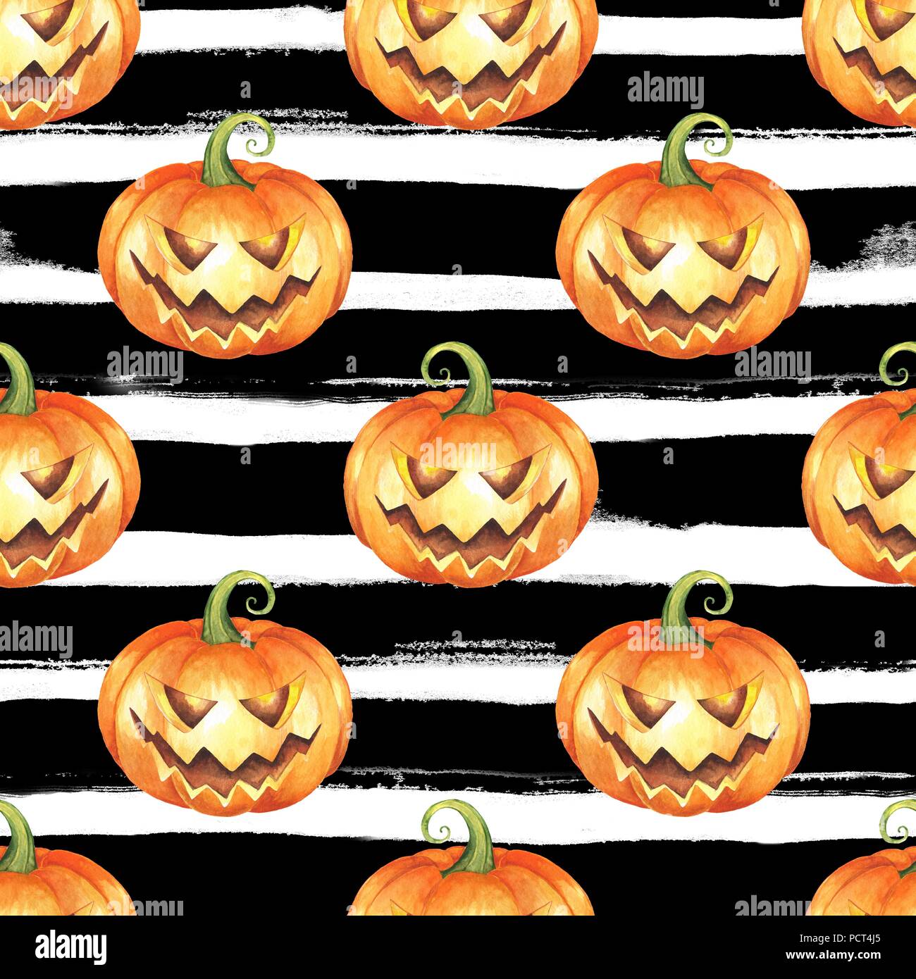 Halloween watercolor seamless pattern. Background with pumpkins Stock Photo