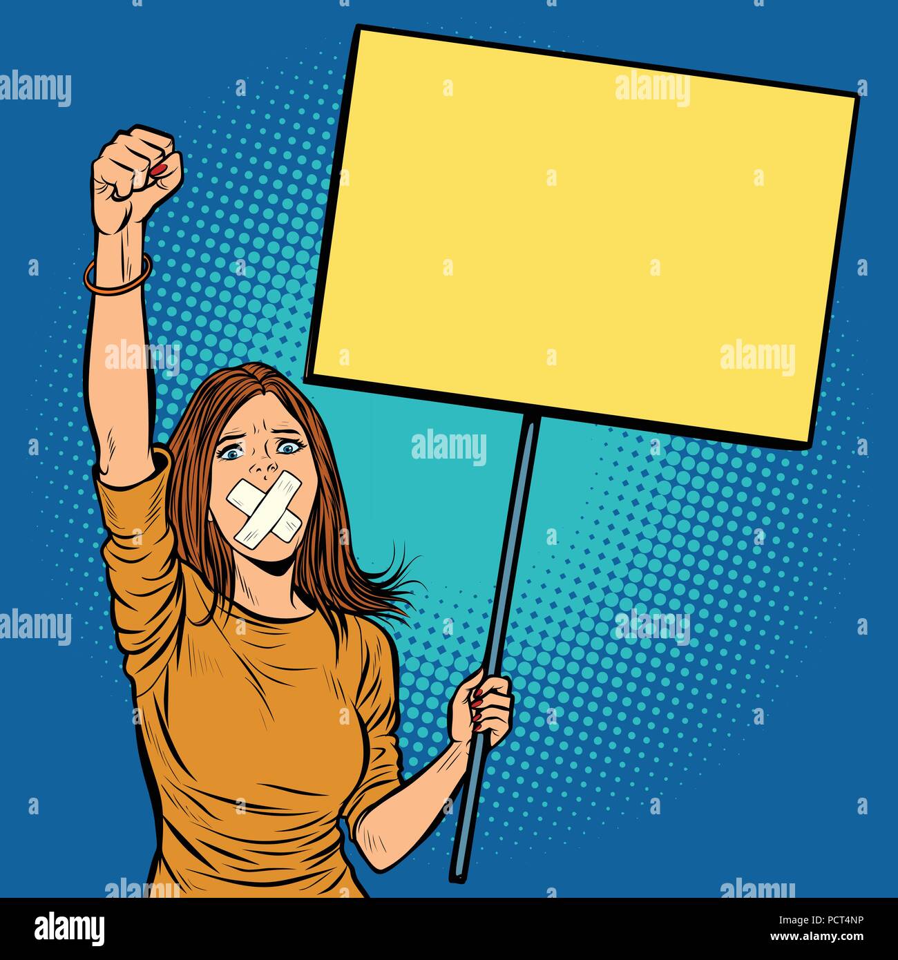 A woman with a gag in her mouth protests for freedom of speech a Stock Vector