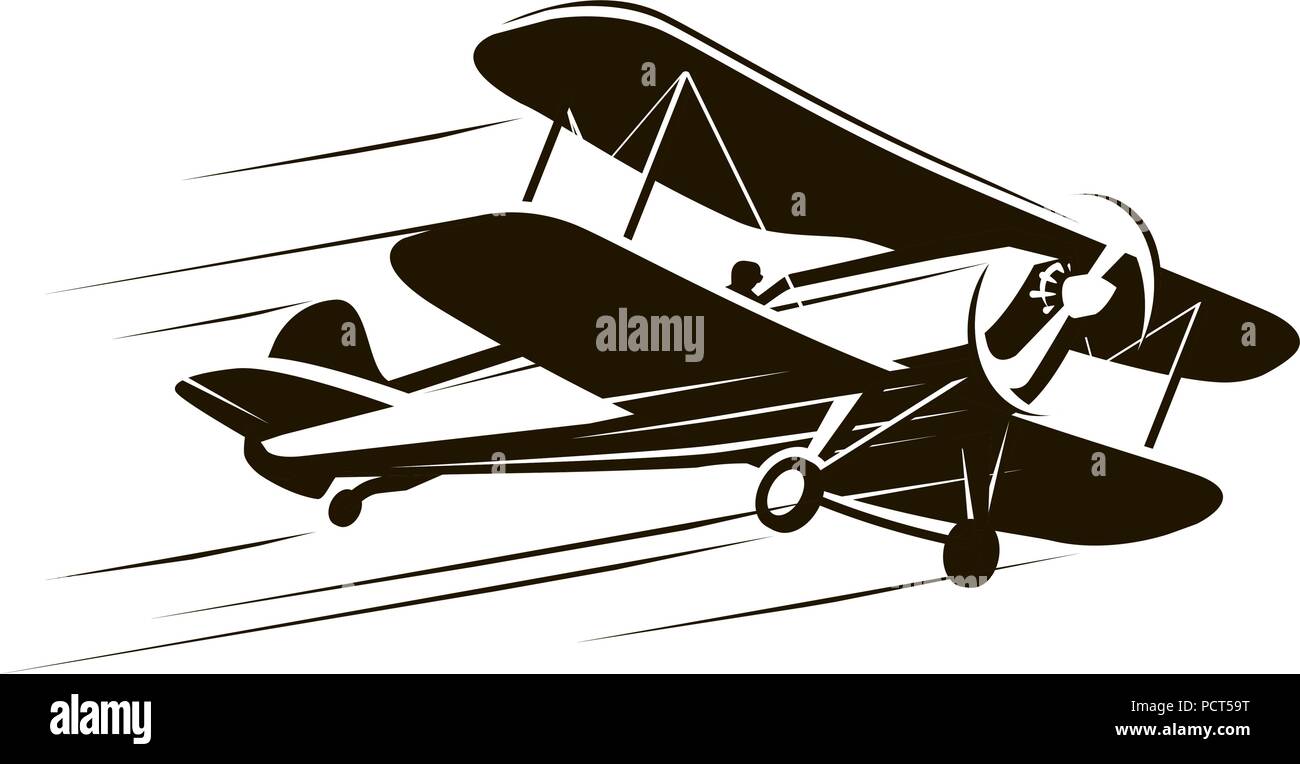Vintage flying aircraft. Airplane symbol. Retro vector illustration Stock Vector