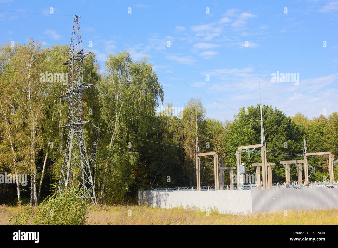 Electric substation and line support in the forest photo Stock Photo