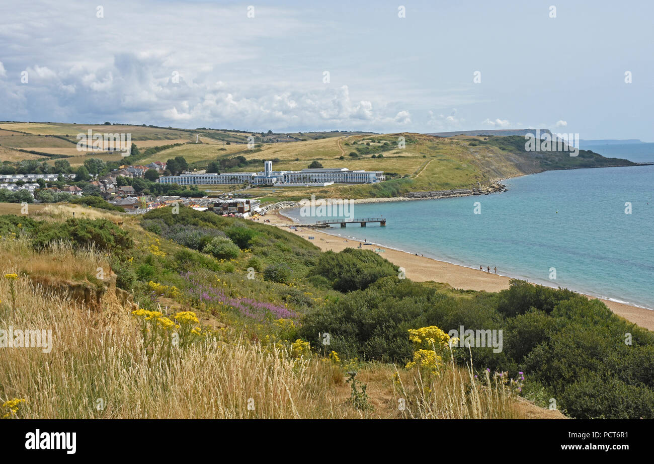 Dorset - Weymouth - clifftop view across the bay to Riviera Hotel at Bowleaze Cove - summertime Stock Photo