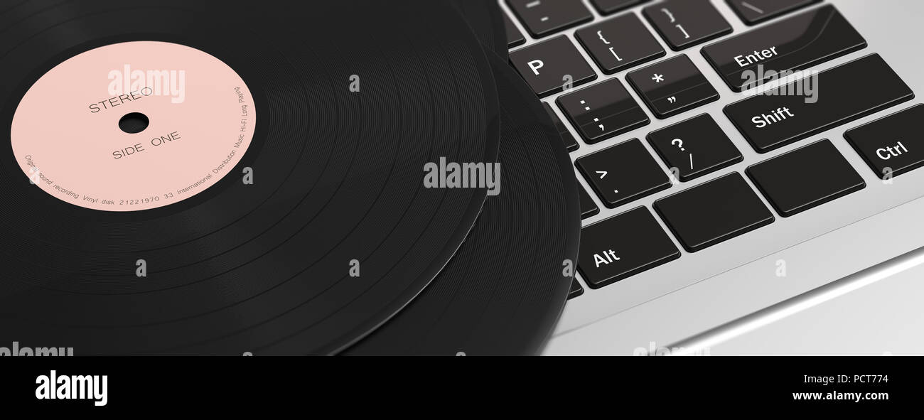 Vintage vinyl records albums LP on computer laptop keyboard, banner. 3d