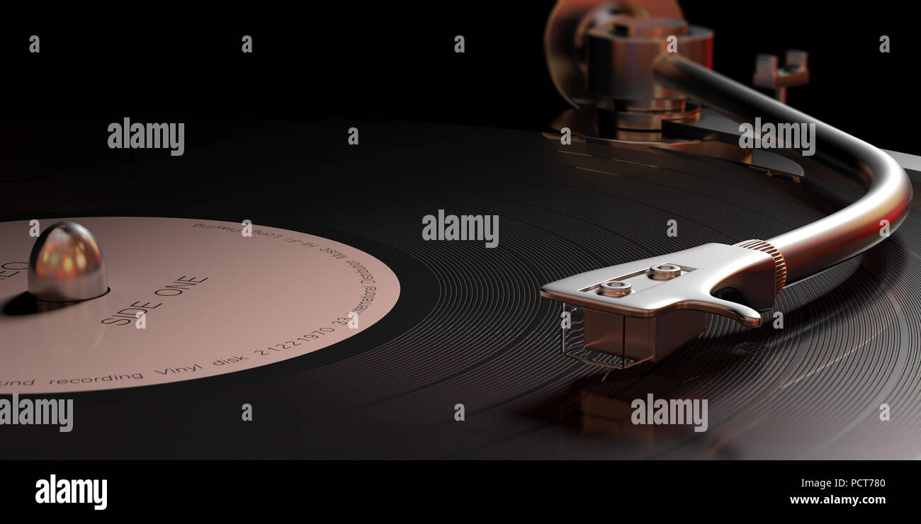 Music, sound. Vintage vinyl LP record player, closeup view with details. 3d illustration Stock