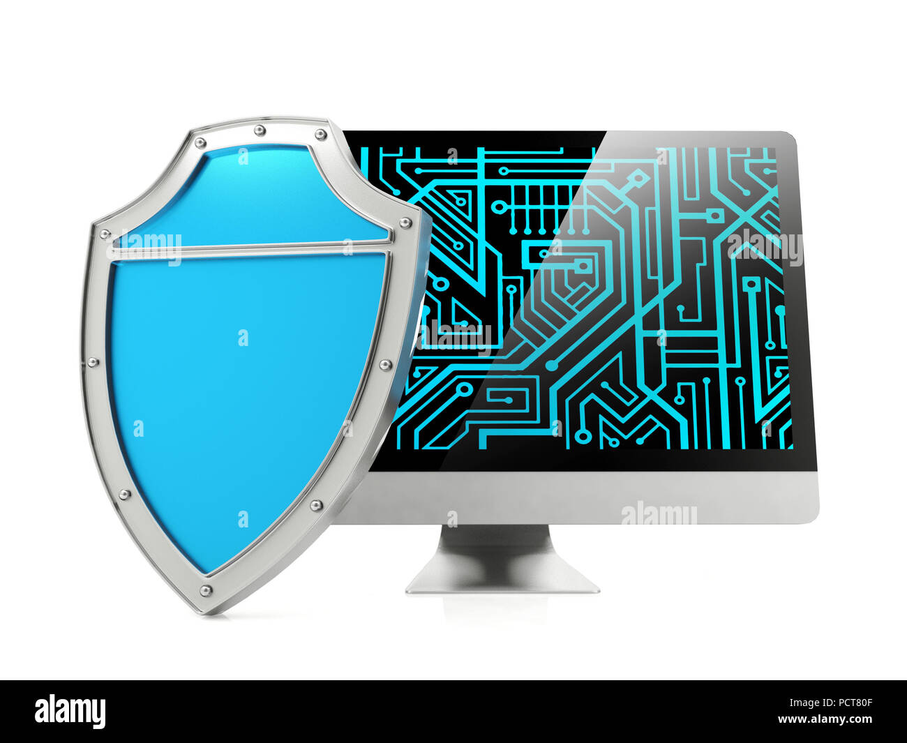 Shield and computer screen, computer security concept Stock Photo