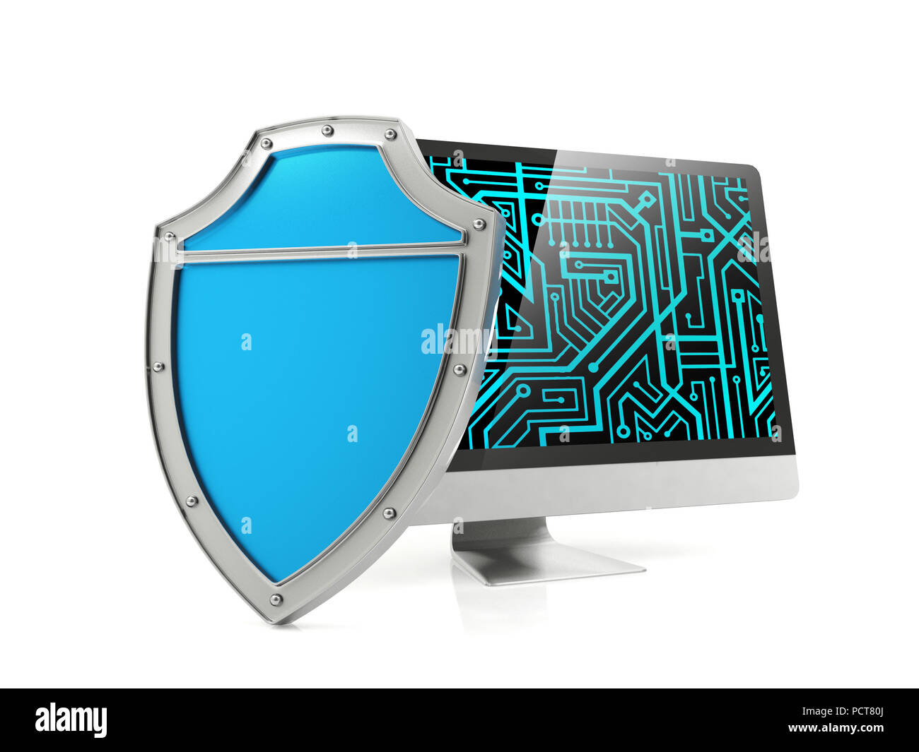 Shield and computer screen, computer security concept Stock Photo