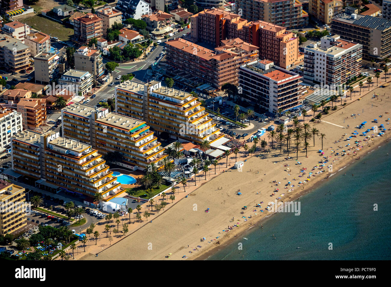 Roses on the Gulf of Roses, high rises along the beach, resort, palm beach, beach, Costa Brava, Catalonia, Spain Stock Photo
