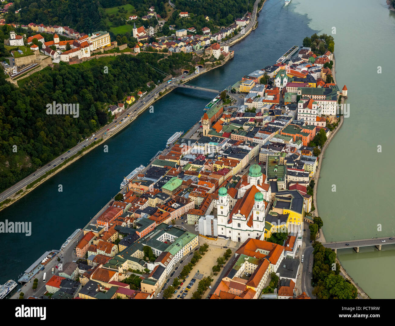 Aerial photo, old town of Passau with Saint Stephen's Cathedral on Cathedral Square, seat of the Bishop of Passau, confluence of Danube, Inn and Ilz Rivers, Passau, independent university town in the administrative district of Lower Bavaria in Eastern Bavaria, Bavaria, Germany Stock Photo