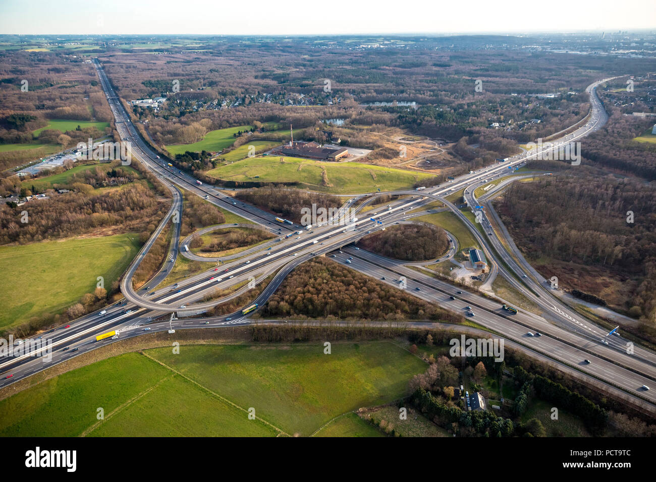 Aerial photo, Autobahnkreuz Breitscheid interchange, A3 and A52 Autobahnen (motorways), Ratingen, Rhineland Stock Photo