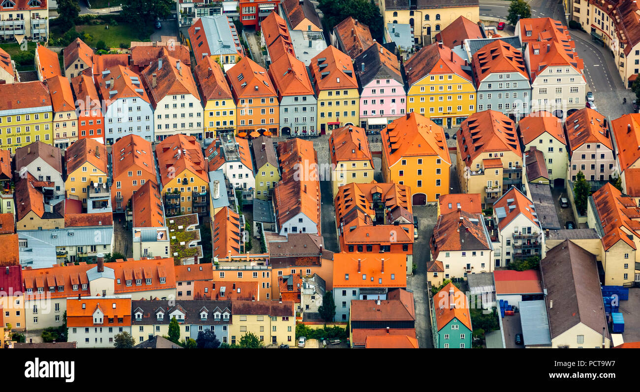 Aerial photo, Stadtamhof gabled houses complex and Church of Saint Magnus with College of Catholic Church Music and Musical Education, Regensburg, independent city in Eastern Bavaria, Bavaria, Germany Stock Photo