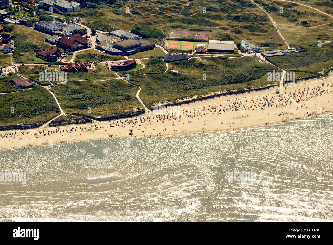 Sandy beach, aerial photo, Langeoog, North Sea, North Sea island, East Frisian Islands, Lower Saxony, Germany Stock Photo