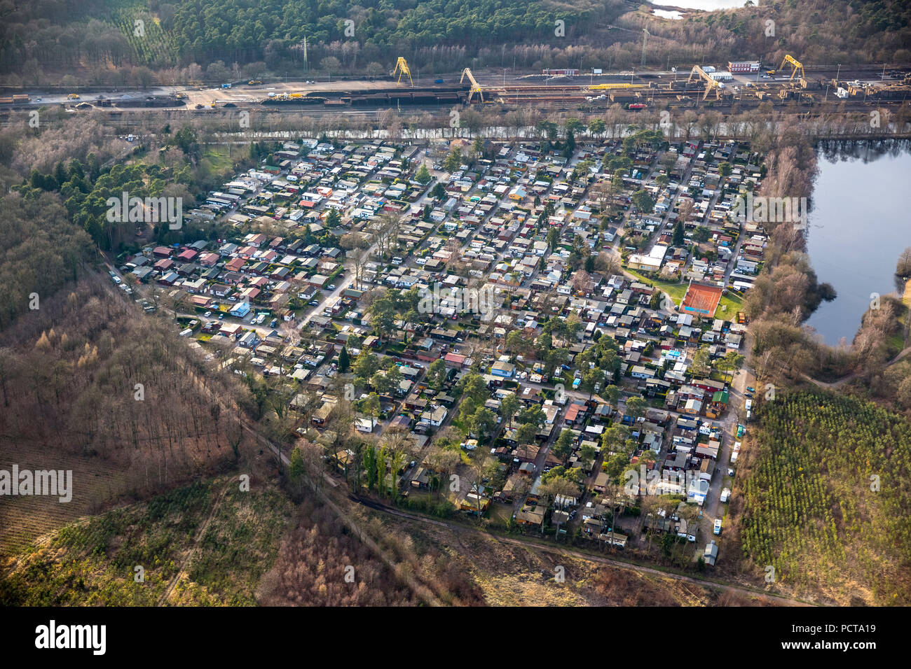 Aerial photo, Entenfang Campsite, Duisburg Lake District, permanent campers, Mülheim, Ruhr area Stock Photo