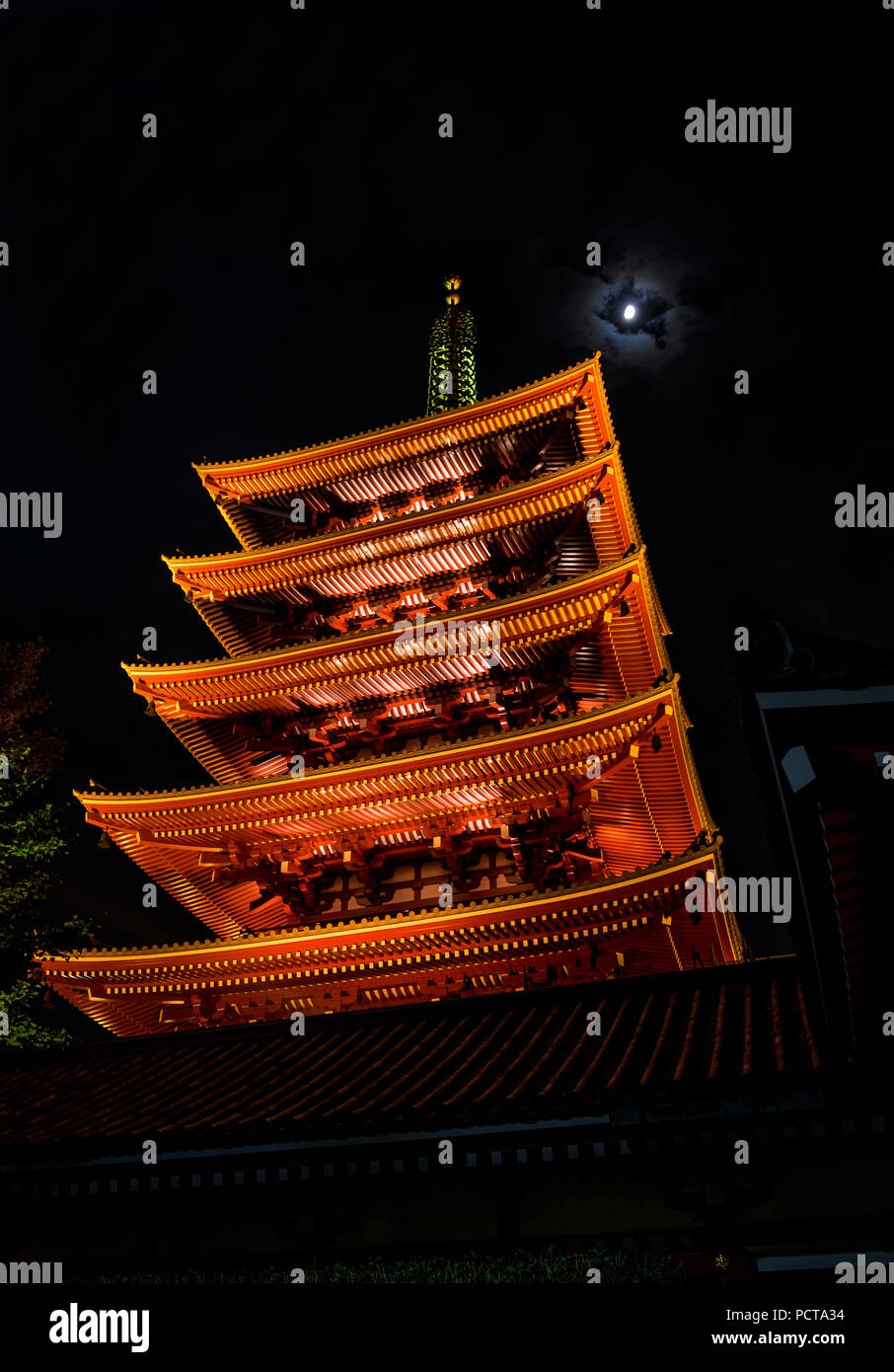 The Five-Storied Pagoda of Sensoji Temple in Asakusa district in the moonlight Stock Photo