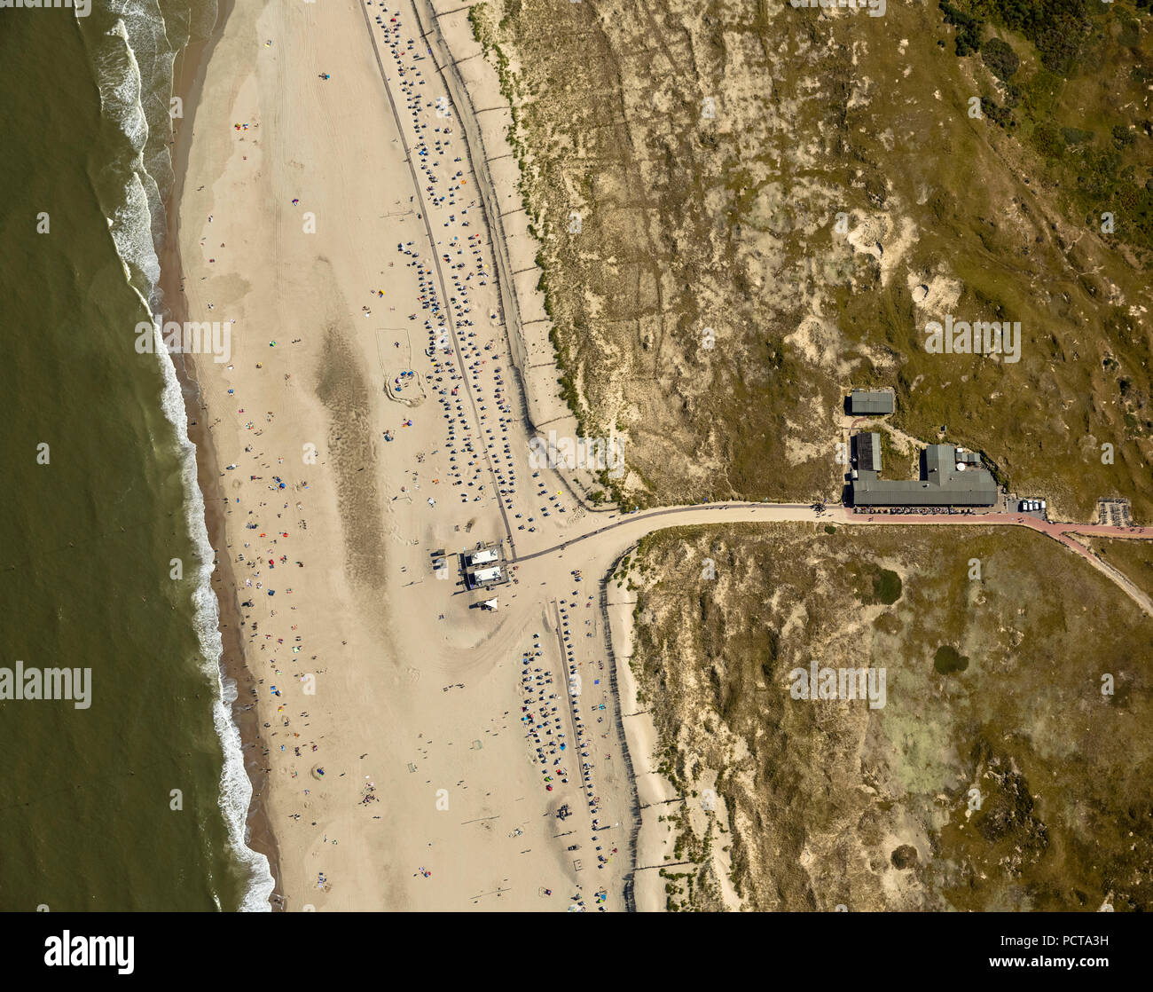 White dune, beach restaurant, aerial photo, Norderney, North Sea, North Sea island, East Frisian Islands, Lower Saxony, Germany Stock Photo