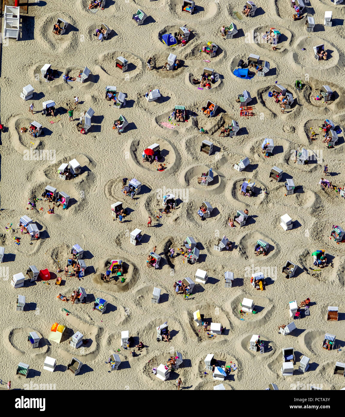 Sandy beach with beach chairs and sand walls, sand castles, aerial photo, Wangerooge, North Sea, North Sea island, East Frisian Islands, Lower Saxony, Germany Stock Photo