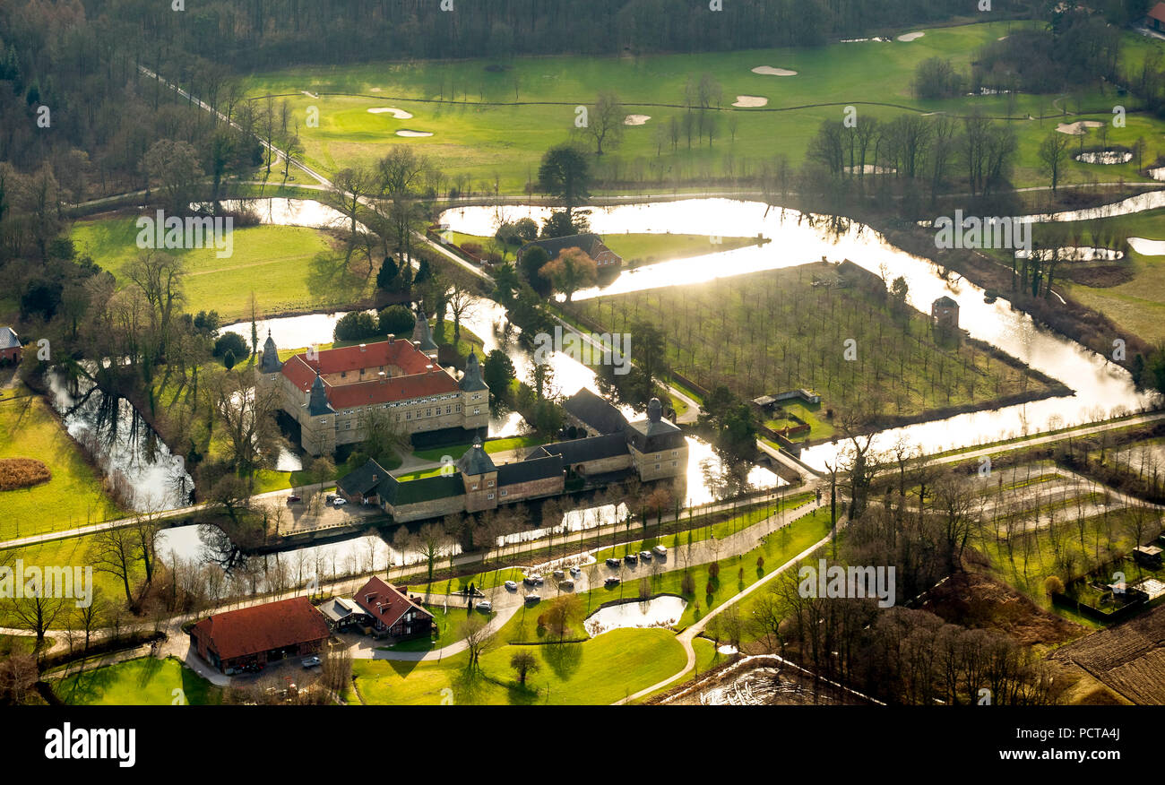 Herbern, Westerwinkel Moated Castle with golf course, contre-jour, aerial photo, Münsterland Stock Photo