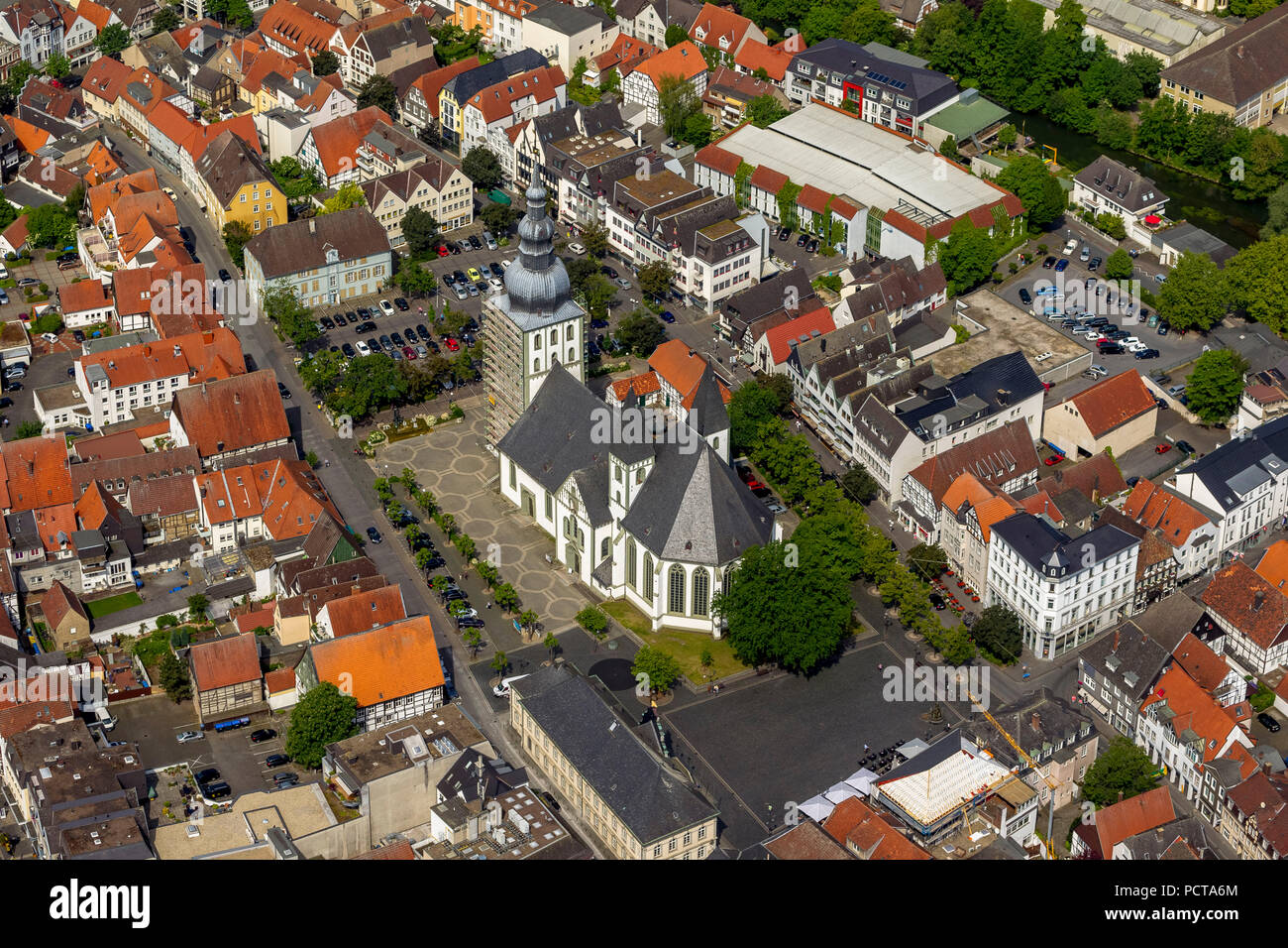 Saint Mary's Church at Lippstadt Market Square, aerial photo, Lippstadt, East Westphalia, North Rhine-Westphalia, Germany Stock Photo