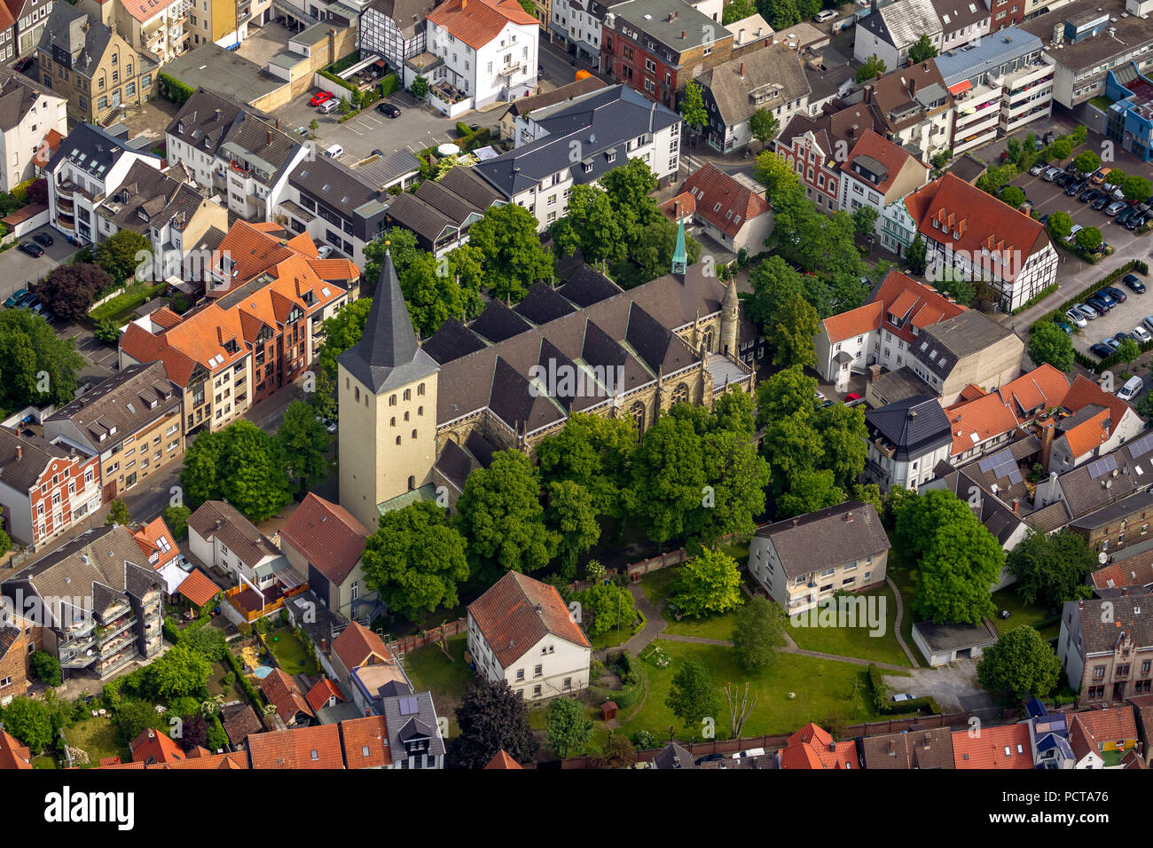 Parish Church of Saint Nicholas, aerial photo, Lippstadt, East Westphalia, North Rhine-Westphalia, Germany Stock Photo