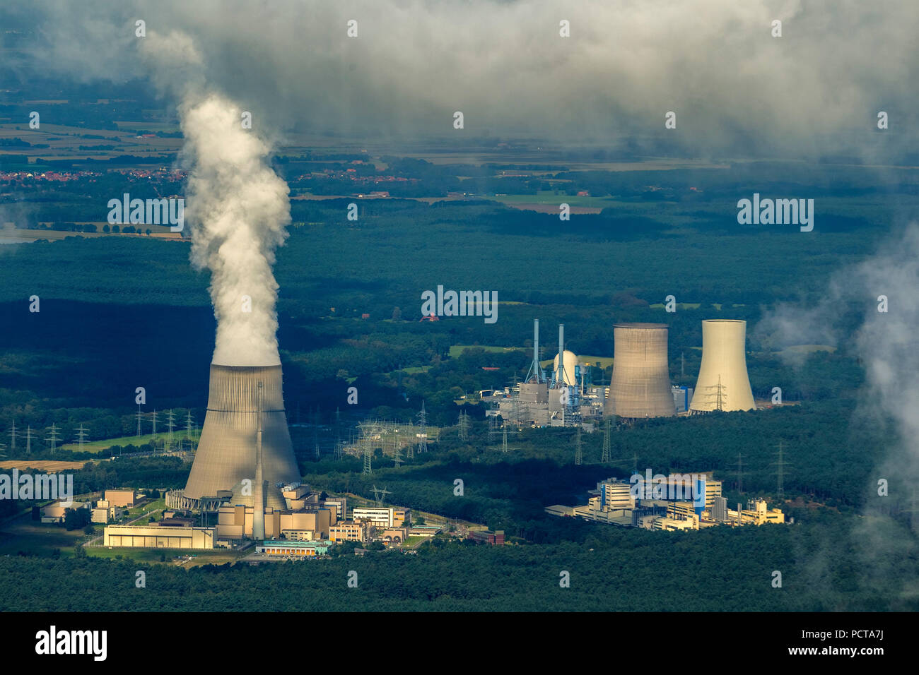 Aerial photo, Lingen nuclear power plant, Lingen, clouds, cooling tower, Lingen, Emsland, Lower Saxony, Germany Stock Photo